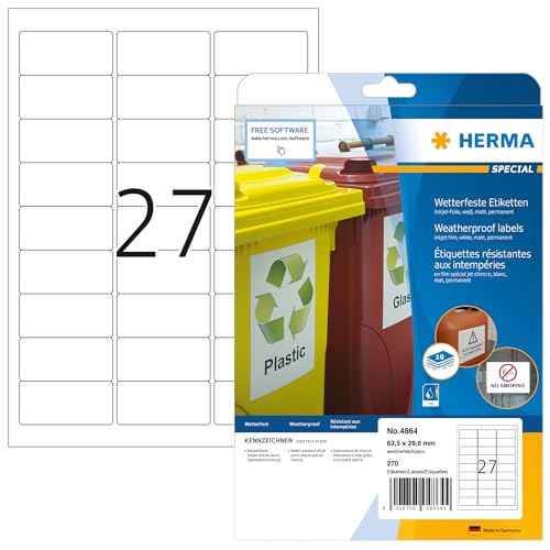 HERMA 4864 Wetterfeste Folienetiketten für Inkjet Drucker, 10 Blatt, 63,5 x 29,6 mm, 27 pro A4 Bogen, 270 Stück, selbstklebend, bedruckbar, matt, Klebeetiketten Aufkleber für Tintenstrahldrucker, weiß von HERMA