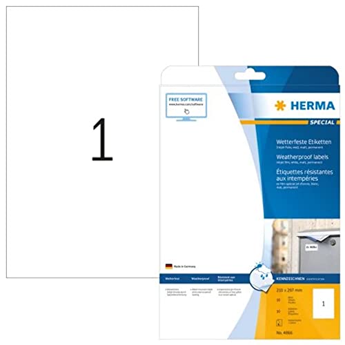 HERMA 4866 Wetterfeste Folienetiketten für Inkjet Drucker, 10 Blatt, 210 x 297 mm, 1 pro A4 Bogen, 10 Stück, selbstklebend, bedruckbar, matt, Klebeetiketten Aufkleber für Tintenstrahldrucker, weiß von HERMA