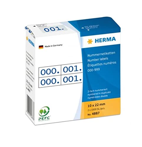 HERMA 4887 Nummernetiketten Zahlen 0-999, doppelt, 2000 Stück, 22 x 10 mm, selbstklebend, matt, 2fach fortlaufende Papier Zahlenetiketten Anlagenummern in Spenderbox, blau bedruckt von HERMA