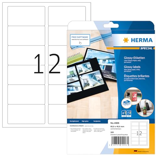 HERMA 4906 Hochglanz Etiketten, 800 Blatt, 88,9 x 46,6 mm, 12 pro A4 Bogen, 9600 Stück, selbstklebend, bedruckbar, glänzend, blanko Glossy Papier Klebeetiketten Aufkleber, weiß HERMA 4906 Hochglanz Etiketten, 800 Blatt, 88,9 x 46,6 mm, 12 pro A4 Bogen, 9600 Stück, selbstklebend, bedruckbar, glänzend, blanko Glossy Papier Klebeetiketten Aufkleber, weiß von HERMA