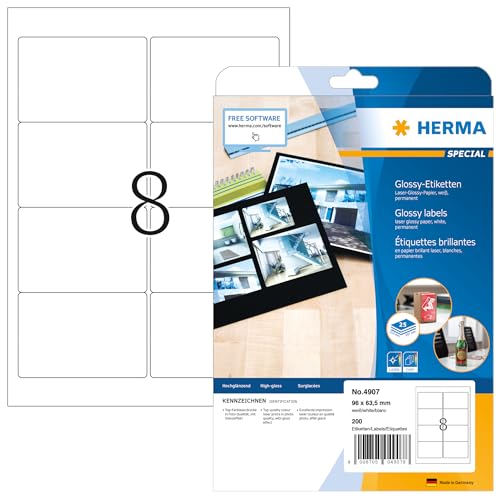 HERMA 4907 Hochglanz Etiketten, 25 Blatt, 96 x 63,5 mm, 8 pro A4 Bogen, 200 Stück, selbstklebend, bedruckbar, glänzend, blanko Glossy Papier Klebeetiketten Aufkleber, weiß von HERMA