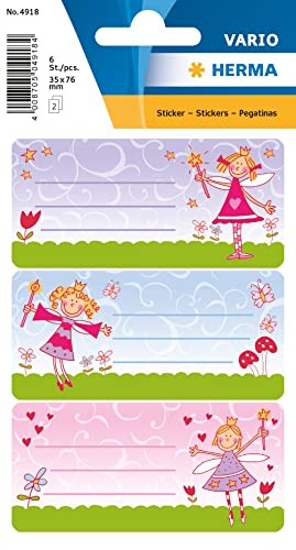 HERMA 4918 Buchetiketten zum Beschriften Prinzessin, 6 Stück, 76 x 35 mm, selbstklebend, liniert, Buchaufkleber für Schule Kinder Mädchen Jungen, mehrfarbige Heftetiketten Aufkleber, bunt rosa von HERMA