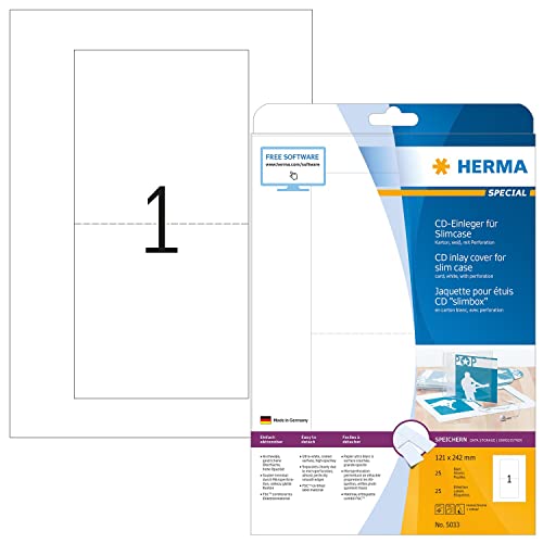 HERMA 5033 CD DVD Einleger für Slim Case Hüllen perforiert, 25 Blatt, 121 x 242 mm, 1 pro A4 Bogen, 25 Stück, bedruckbar, matt, blanko Papier-Cover Inlays, weiß von HERMA