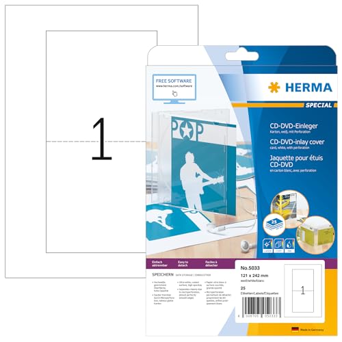 HERMA 5033 CD DVD Einleger für Slim Case Hüllen perforiert, 25 Blatt, 121 x 242 mm, 1 pro A4 Bogen, 25 Stück, bedruckbar, matt, blanko Papier-Cover Inlays, weiß von HERMA