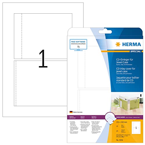 HERMA 5036 CD DVD Einleger für Jewel Case Hüllen perforiert, 25 Blatt, 151 x 118 mm, 1 pro A4 Bogen, 25 Stück, bedruckbar, matt, blanko Papier-Cover Inlays, weiß von HERMA