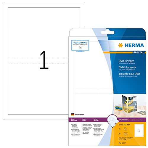 HERMA 5037 CD DVD Einleger für Jewel Case Hüllen DIN A4, 32er Set (273 x 183 mm, 800 Blatt, Karton) perforiert, bedruckbar, nicht klebende Papier-Cover, 800 Inlays, weiß von HERMA