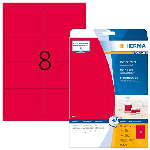 HERMA 5046 Farbige Etiketten neon rot, 20 Blatt, 99,1 x 67,7 mm, 8 Stück pro A4 Bogen, 160 Aufkleber, selbstklebend, bedruckbar, matt, blanko Neon-Etiketten aus Papier von HERMA