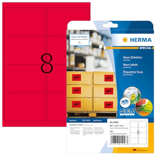 HERMA 5046 Farbige Etiketten neon rot, 20 Blatt, 99,1 x 67,7 mm, 8 pro A4 Bogen, 160 Stück, selbstklebend, bedruckbar, matt, blanko Papier Neon-Etiketten Farbaufkleber von HERMA