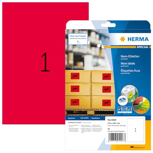 HERMA 5048 Farbige Etiketten neon rot, 640 Blatt, 210 x 297 mm, 1 pro A4 Bogen, 640 Stück, selbstklebend, bedruckbar, matt, blanko Papier Neon-Etiketten Farbaufkleber HERMA 5048 Farbige Etiketten neon rot, 640 Blatt, 210 x 297 mm, 1 pro A4 Bogen, 640 Stück, selbstklebend, bedruckbar, matt, blanko Papier Neon-Etiketten Farbaufkleber von HERMA