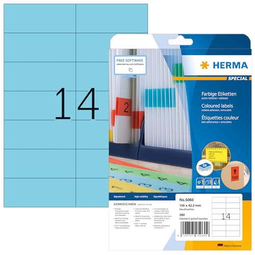 HERMA 5060 Farbige Etiketten blau ablösbar, 20 Blatt, 105 x 42,3 mm, 14 pro A4 Bogen, 280 Stück, selbstklebend, bedruckbar, matt, blanko Papier Farbetiketten Aufkleber von HERMA