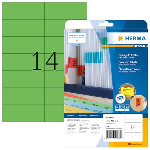 HERMA 5061 Farbige Etiketten grün ablösbar, 20 Blatt, 105 x 42,3 mm, 14 pro A4 Bogen, 280 Stück, selbstklebend, bedruckbar, matt, blanko Papier Farbetiketten Aufkleber von HERMA