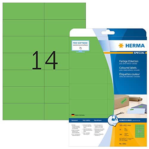 HERMA 5061 Farbige Etiketten grün ablösbar, 20 Blatt, 105 x 42,3 mm, 14 pro A4 Bogen, 280 Stück, selbstklebend, bedruckbar, matt, blanko Papier Farbetiketten Aufkleber von HERMA