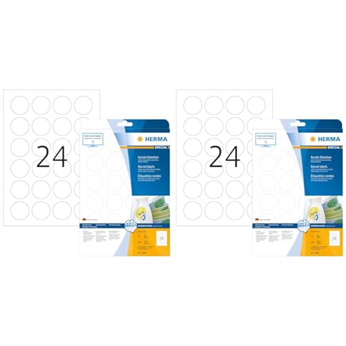 HERMA 5066 Universal Etiketten ablösbar rund, 25 Blatt, Ø 40 mm, 24 Stück pro A4 Bogen, 600 Aufkleber, selbstklebend, bedruckbar, matt, blanko Klebeetiketten aus Papier, weiß (Packung mit 2) von HERMA