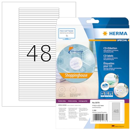 HERMA 5078 CD DVD Etiketten für Jewel Case Hüllen Rücken, 25 Blatt, 114,3 x 5,5 mm, 48 pro A4 Bogen, 1200 Stück, bedruckbar, matt, blanko Papier CD-Box Klebeetiketten, weiß von HERMA