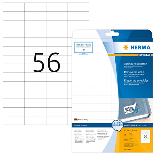 HERMA 5080 Universal Etiketten ablösbar, 800 Blatt, 52,5 x 21,2 mm, 56 pro A4 Bogen, 44800 Stück, selbstklebend, bedruckbar, matt, blanko Papier Klebeetiketten Aufkleber, weiß von HERMA