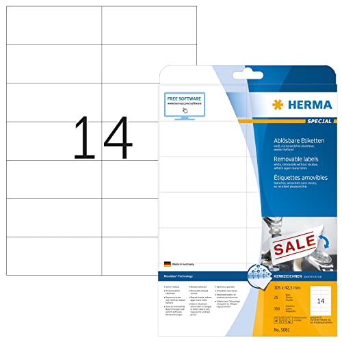 HERMA 5081 Universal Etiketten DIN A4 ablösbar, groß (105 x 42,3 mm, 25 Blatt, Papier, matt) selbstklebend, bedruckbar, abziehbare und wieder haftende Adressaufkleber, 350 Klebeetiketten, weiß von HERMA