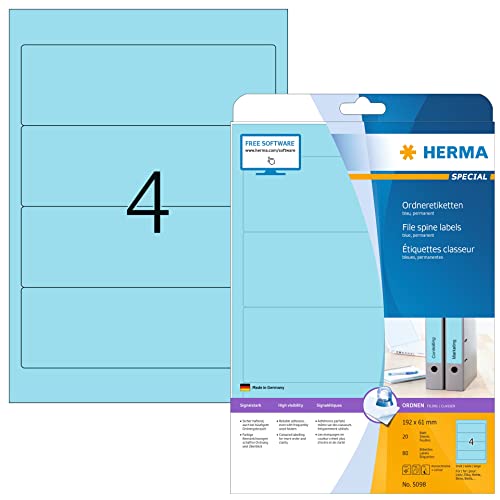 HERMA 5098 Ordnerrücken Etiketten kurz breit, 20 Blatt, 192 x 61 mm, 4 pro A4 Bogen, 80 Stück, selbstklebend, bedruckbar, blickdicht, blanko Papier Ordneretiketten Rückenschilder Aufkleber, blau von HERMA