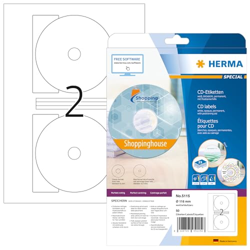 HERMA 5115 CD DVD Etiketten inkl. Zentrierhilfe blickdicht, 800 Blatt, Ø 116 mm MAXI, 2 pro A4 Bogen, 1600 Stück, selbstklebend, bedruckbar, matt, blanko Papier Klebeetiketten Aufkleber, weiß von HERMA