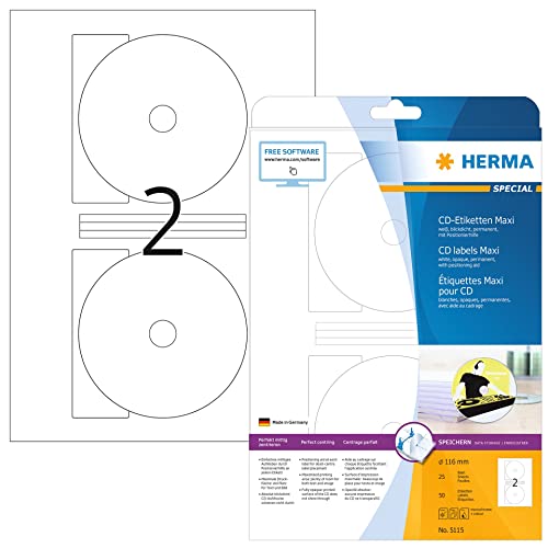 HERMA 5115 CD DVD Etiketten inkl. Zentrierhilfe blickdicht, 25 Blatt, Ø 116 mm MAXI, 2 pro A4 Bogen, 50 Stück, selbstklebend, bedruckbar, matt, blanko Papier Klebeetiketten Aufkleber, weiß von HERMA
