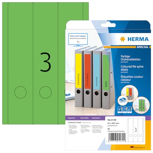 HERMA 5139 Ordnerrücken Etiketten lang breit, 20 Blatt, 61 x 297 mm, 3 pro A4 Bogen, 60 Stück, selbstklebend, bedruckbar, blickdicht, blanko Papier Ordneretiketten Rückenschilder Aufkleber, grün von HERMA