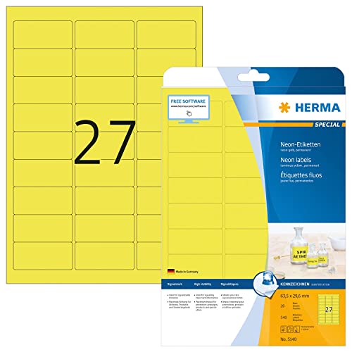 HERMA 5140 Farbige Etiketten neon gelb, 20 Blatt, 63,5 x 29,6 mm, 27 pro A4 Bogen, 540 Stück, selbstklebend, bedruckbar, matt, blanko Papier Neon-Etiketten Farbaufkleber von HERMA