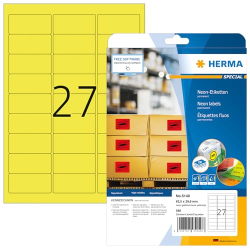 HERMA 5140 Farbige Etiketten neon gelb, 20 Blatt, 63,5 x 29,6 mm, 27 pro A4 Bogen, 540 Stück, selbstklebend, bedruckbar, matt, blanko Papier Neon-Etiketten Farbaufkleber von HERMA