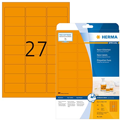 HERMA 5141 Farbige Etiketten neon orange, 20 Blatt, 63,5 x 29,6 mm, 27 pro A4 Bogen, 540 Stück, selbstklebend, bedruckbar, matt, blanko Papier Neon-Etiketten Farbaufkleber von HERMA