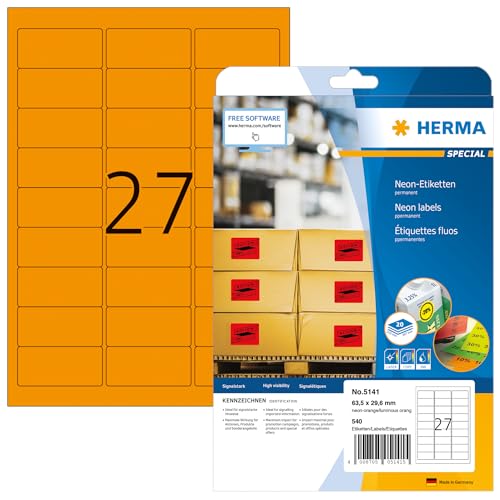 HERMA 5141 Farbige Etiketten neon orange, 20 Blatt, 63,5 x 29,6 mm, 27 pro A4 Bogen, 540 Stück, selbstklebend, bedruckbar, matt, blanko Papier Neon-Etiketten Farbaufkleber von HERMA