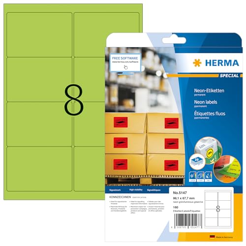 HERMA 5147 Farbige Etiketten neon grün, 20 Blatt, 99,1 x 67,7 mm, 8 pro A4 Bogen, 160 Stück, selbstklebend, bedruckbar, matt, blanko Papier Neon-Etiketten Farbaufkleber von HERMA