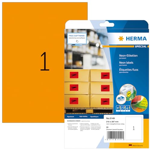 HERMA 5149 Farbige Etiketten neon orange, 640 Blatt, 210 x 297 mm, 1 pro A4 Bogen, 640 Stück, selbstklebend, bedruckbar, matt, blanko Papier Neon-Etiketten Farbaufkleber von HERMA