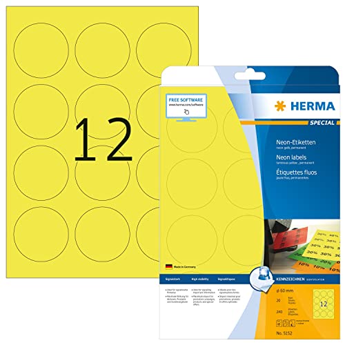 HERMA 5152 Farbige Etiketten rund neon gelb, 640 Blatt, Ø 60 mm, 12 pro A4 Bogen, 7680 Stück, selbstklebend, bedruckbar, matt, blanko Papier Neon-Etiketten Farbaufkleber von HERMA