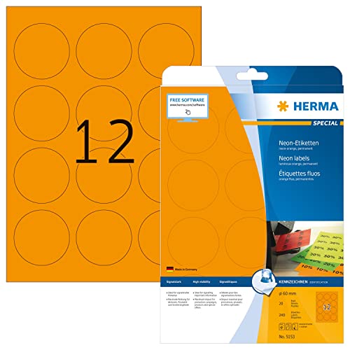HERMA 5153 Farbige Etiketten rund neon orange, 20 Blatt, Ø 60 mm, 12 pro A4 Bogen, 240 Stück, selbstklebend, bedruckbar, matt, blanko Papier Neon-Etiketten Farbaufkleber von HERMA