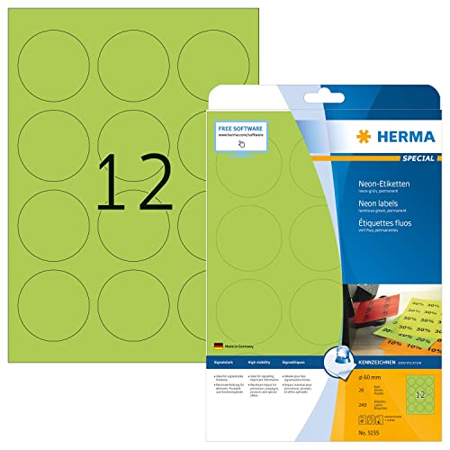 HERMA 5155 Farbige Etiketten rund neon grün, 640 Blatt, Ø 60 mm, 12 pro A4 Bogen, 7680 Stück, selbstklebend, bedruckbar, matt, blanko Papier Neon-Etiketten Farbaufkleber von HERMA