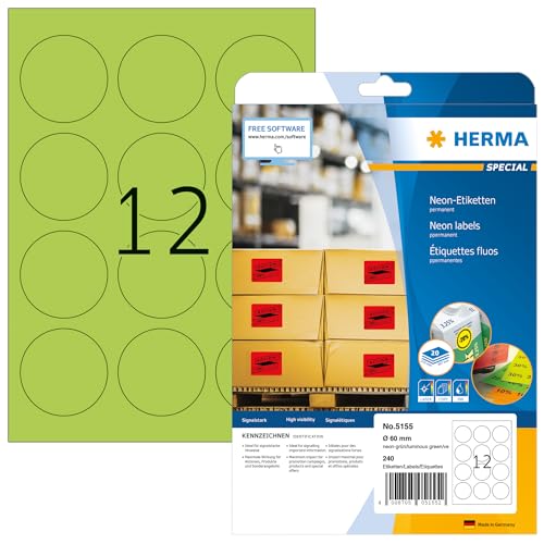 HERMA 5155 Farbige Etiketten rund neon grün, 20 Blatt, Ø 60 mm, 12 pro A4 Bogen, 240 Stück, selbstklebend, bedruckbar, matt, blanko Papier Neon-Etiketten Farbaufkleber von HERMA