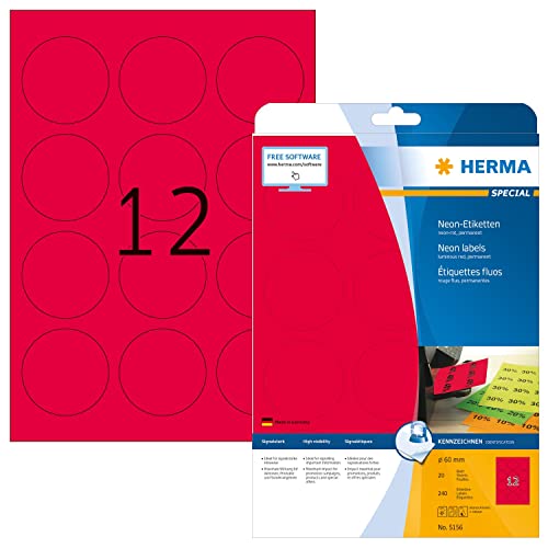 HERMA 5156 Farbige Etiketten rund neon rot, 20 Blatt, Ø 60 mm, 12 pro A4 Bogen, 240 Stück, selbstklebend, bedruckbar, matt, blanko Papier Neon-Etiketten Farbaufkleber von HERMA