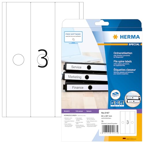 HERMA 5167 Hängeordner-Etiketten lang breit, 25 Blatt, 63 x 297 mm, 3 pro A4 Bogen, 75 Stück, selbstklebend, bedruckbar, blickdicht, blanko Papier Ordneretiketten Rückenschilder Aufkleber, weiß von HERMA