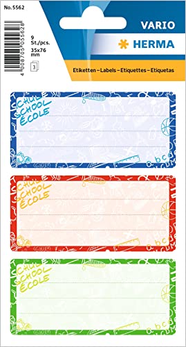 HERMA 5562 Buchetiketten zum Beschriften Schoolydoo, 9 Stück, 76 x 35 mm, selbstklebend, liniert, Buchaufkleber für Schule Kinder Mädchen Jungen, blanko Heftetiketten Aufkleber, bunt HERMA 5562 Buchetiketten zum Beschriften Schoolydoo, 9 Stück, 76 x 35 mm, selbstklebend, liniert, Buchaufkleber für Schule Kinder Mädchen Jungen, blanko Heftetiketten Aufkleber, bunt von HERMA