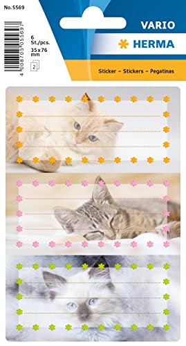HERMA 5569 Buchetiketten zum Beschriften Katzen, 6 Stück, 76 x 35 mm, selbstklebend, liniert, Buchaufkleber für Schule Kinder Mädchen Jungen, mehrfarbige Heftetiketten Aufkleber, bunt HERMA 5569 Buchetiketten zum Beschriften Katzen, 6 Stück, 76 x 35 mm, selbstklebend, liniert, Buchaufkleber für Schule Kinder Mädchen Jungen, mehrfarbige Heftetiketten Aufkleber, bunt von HERMA