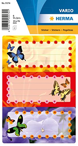 HERMA 5574 Buchetiketten zum Beschriften Schmetterlinge, 6 Stück, 76 x 35 mm, selbstklebend, liniert, Buchaufkleber für Schule Kinder Mädchen Jungen, mehrfarbige Heftetiketten Aufkleber, bunt von HERMA