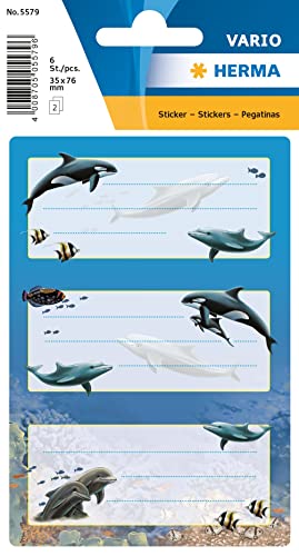 HERMA 5579 Buchetiketten zum Beschriften Delfine, 6 Stück, 76 x 35 mm, selbstklebend, liniert, Buchaufkleber für Schule Kinder Mädchen Jungen, mehrfarbige Heftetiketten Aufkleber, bunt HERMA 5579 Buchetiketten zum Beschriften Delfine, 6 Stück, 76 x 35 mm, selbstklebend, liniert, Buchaufkleber für Schule Kinder Mädchen Jungen, mehrfarbige Heftetiketten Aufkleber, bunt von HERMA
