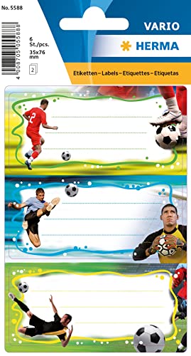 HERMA 5588 Buchetiketten zum Beschriften Fußball, 6 Stück, 76 x 35 mm, selbstklebend, liniert, Buchaufkleber für Schule Kinder Mädchen Jungen, mehrfarbige Heftetiketten Aufkleber, bunt von HERMA