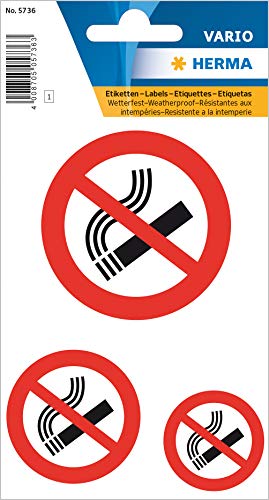 HERMA 5736 Rauchen verboten Aufkleber wetterfest, 3 Stück, Ø 3 cm, Ø 4 cm, Ø 5,7 cm, selbstklebend, klein, groß, rund, Rauchverbot kein rauchen Etiketten aus Folie Schild für Außen- und Innenbereich von HERMA