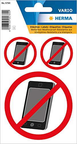 HERMA 5784 Handy verboten Aufkleber wetterfest, 3 Stück, Ø 3,5 cm, Ø 7,4 cm, selbstklebend, klein, groß, rund, Handyverbot Etiketten, kein Smartphone Schild aus Folie für Außen- und Innenbereich von HERMA