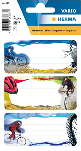 HERMA 5981 Buchetiketten zum Beschriften Mountainbike, 9 Stück, 76 x 35 mm, selbstklebend, liniert, Buchaufkleber für Schule Kinder Mädchen Jungen, mehrfarbige Heftetiketten Aufkleber, bunt HERMA 5981 Buchetiketten zum Beschriften Mountainbike, 9 Stück, 76 x 35 mm, selbstklebend, liniert, Buchaufkleber für Schule Kinder Mädchen Jungen, mehrfarbige Heftetiketten Aufkleber, bunt von HERMA