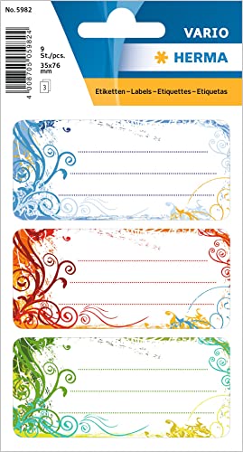 HERMA 5982 Buchetiketten zum Beschriften Spirit, 9 Stück, 76 x 35 mm, selbstklebend, liniert, Buchaufkleber für Schule Kinder Mädchen Jungen, mehrfarbige Heftetiketten Aufkleber, bunt von HERMA