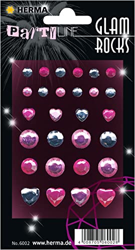 HERMA 6002 Glam Rocks Sticker, Diamanten (28 Aufkleber, Strasssteine, glitzernd) selbstklebend, permanent haftende Schmucksteine zur Deko oder zum basteln für Kinder, pink / silber von HERMA