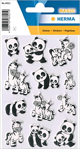 HERMA 6021 Aufkleber Panda Zebra klein groß, 12 Stück, 3D Tiere Sticker mit Pandabär Motiv, Kinder Etiketten für Fotoalbum Tagebuch Poesiealbum Scrapbooking Geburtstag Dekoration Briefe DIY Basteln von HERMA