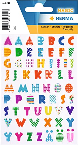 HERMA Buchstaben Aufkleber Bunt, 62 Stück, selbstklebend, klein, 3D Kinder Alphabet Sticker Klebebuchstaben A-Z mit Muster zum Aufkleben DIY Basteln, mehrfarbig von HERMA