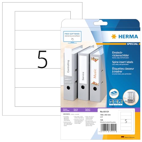 HERMA 65121 Einsteckrückenschilder für Ordner perforiert kurz breit, 25 Blatt, 146 x 50 mm, 5 pro A4 Bogen, 125 Stück, bedruckbar, matt, blanko Karton Einsteckschilder Rückenschilder, weiß HERMA 65121 Einsteckrückenschilder für Ordner perforiert kurz breit, 25 Blatt, 146 x 50 mm, 5 pro A4 Bogen, 125 Stück, bedruckbar, matt, blanko Karton Einsteckschilder Rückenschilder, weiß von HERMA