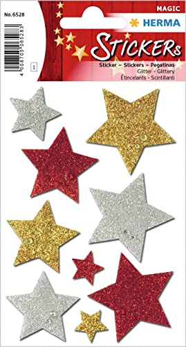 HERMA 6528 Aufkleber Sterne Gold Silber Rot groß, 9 Stück, Stern Sticker aus Folie, Weihnachtssticker Sternaufkleber für Weihnachten Geschenke Adventskalender Dekoration Kinder Belohnung DIY Basteln von HERMA